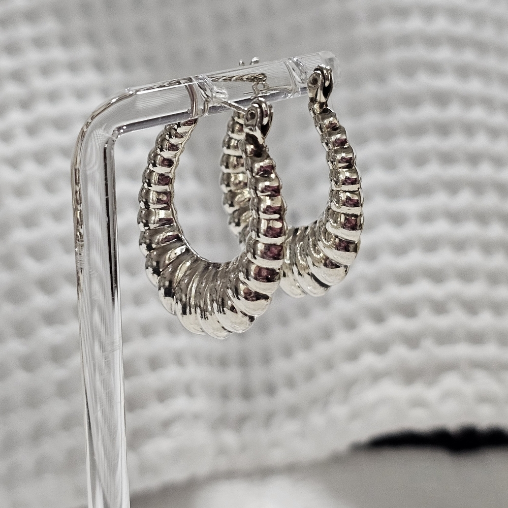 Vintage Chunky Ribbed Silver Oval Shrimp Hoop Earrings 925 - Picture 3 of 9